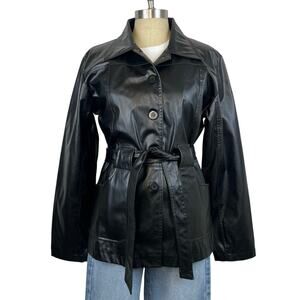 Vintage Women's Seventy Seven Black Faux Leather Belted Jacket (Sz L)